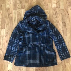 Black plaid hooded wool pea coat by metaphor